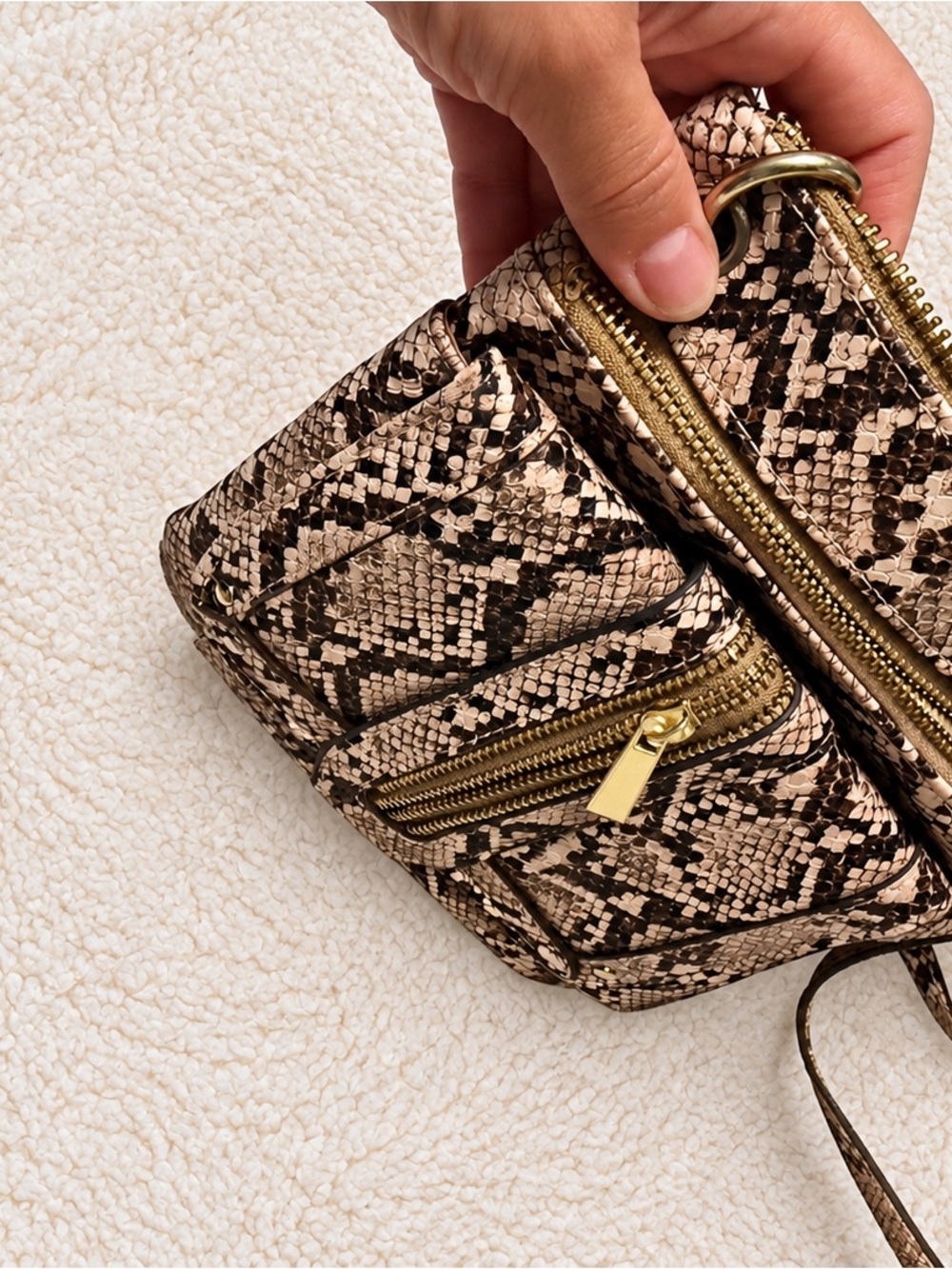 Snake-Print Crossbody Bag in Beige and Black